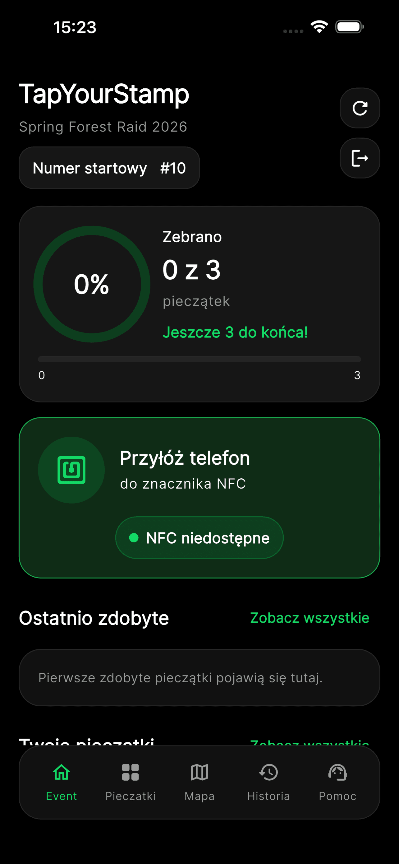 Ekran aplikacji TapYourStamp